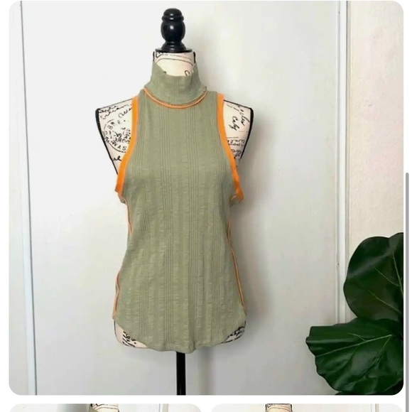 FreePeople Marley Sleeveless Ribbed Mock Top-Khaki Green-Orange -SzM-NWOT✌️​ - Picture 7 of 11